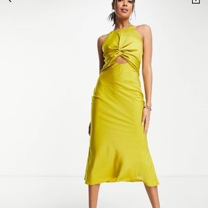 ASOS DESIGN knot front satin midi dress with tie back detail in olive